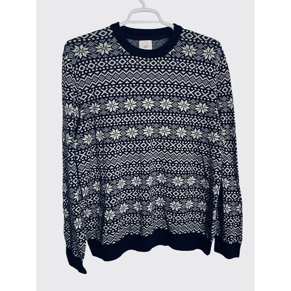 H&M Sweater Navy Fair Isle Nordic Cotton Crew Neck Long Sleeve Pullover - Picture 1 of 9